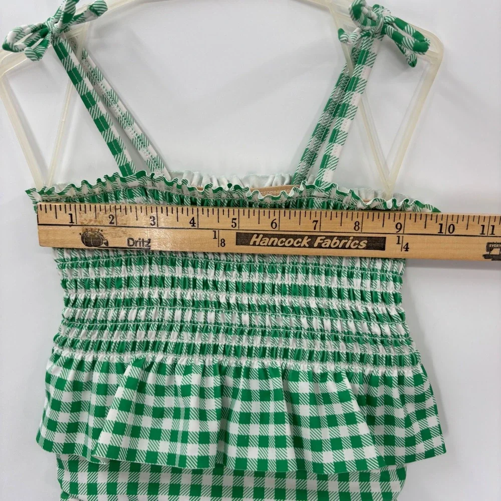 Old Navy One Piece Swimsuit Kids 4T Green Gingham Smocked Peplum Tie Shoulder